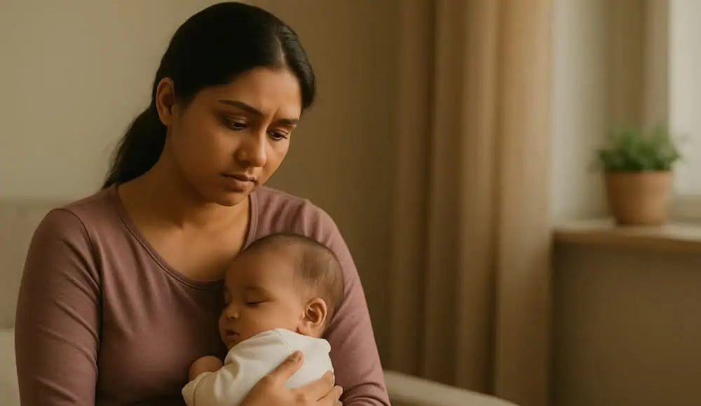 Reflective new mum in Amsterdam, holding her baby and looking thoughtfully at herself. Post Partum Depression and the mental load of motherhood